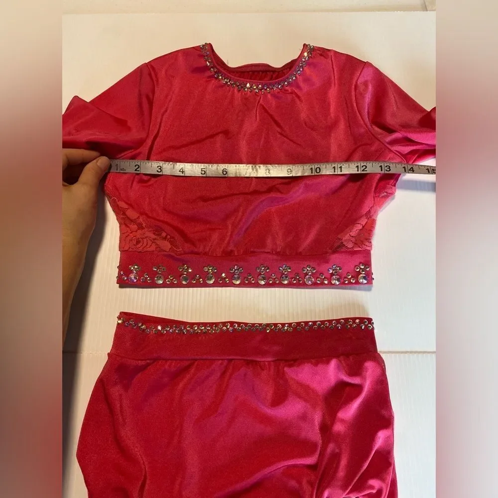 Kelle solo dance custom costume 2 piece hot pink rhinestoned crop top Teen